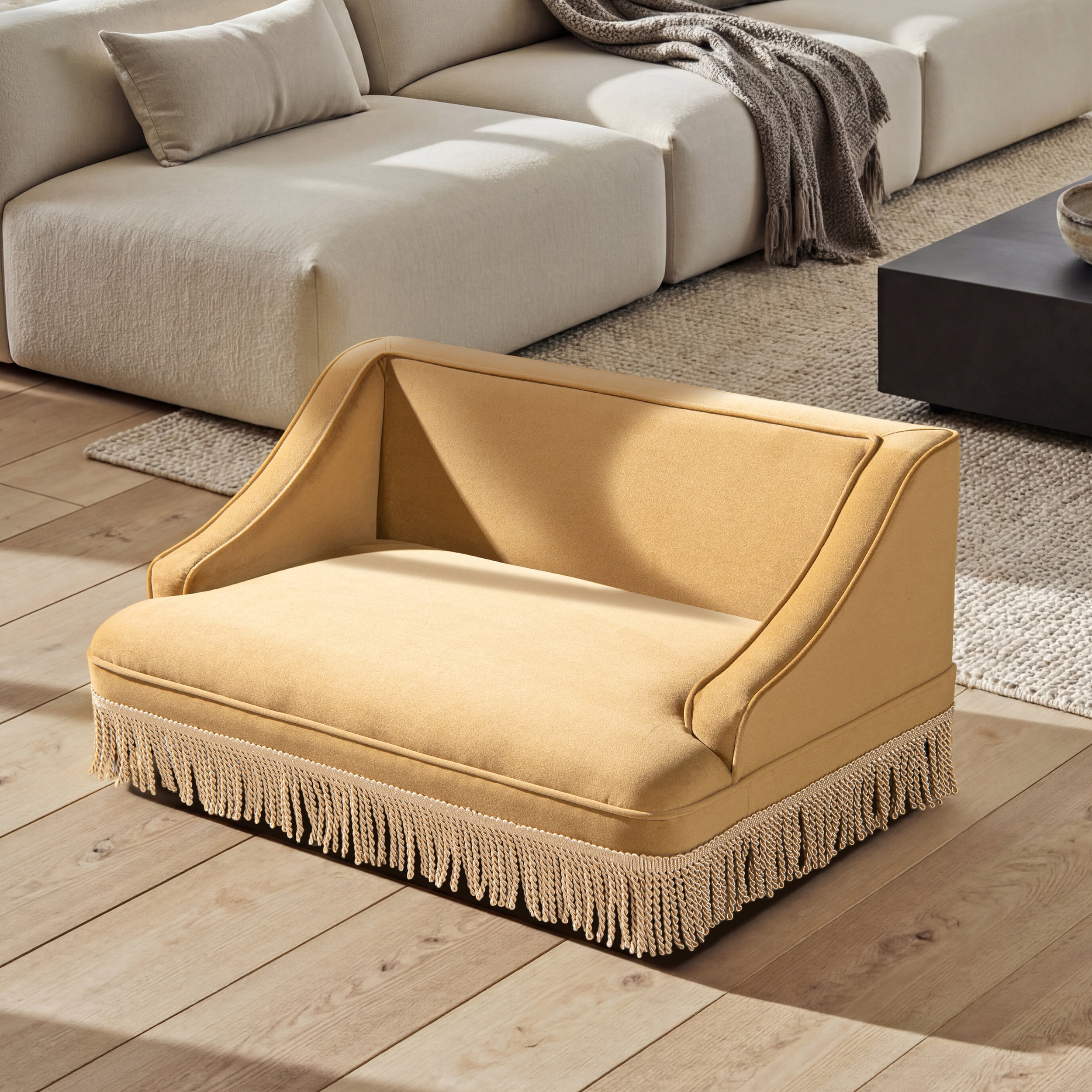 33" Medium Princess Pet Bed Sofa with Fringe Skirt, Gold Yellow Performance Velvet