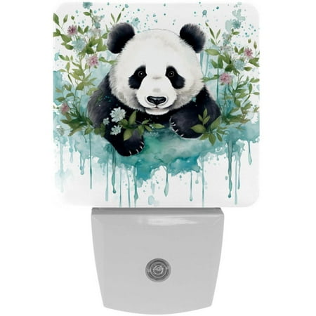 

Cute Panda Watercolor Green Leaves 2 Pack Night Lights Plug Into Wall Decorative With Auto Dusk-To-Dawn Sensor LED Night Light For Kids Adults Rooms Toilet Hallway Stairs