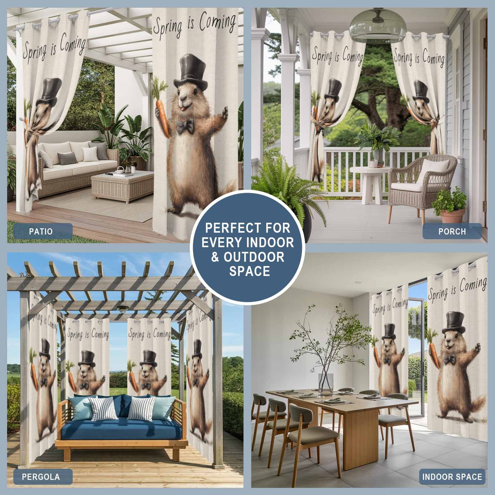 Outdoor Curtains for Patio Waterproof, Happy Groundhog Day Windproof Pravicy Outside Porch Blackout Curtain, Spring Party Pastoral Carrot Sun Blocking Grommets Curtains for Cabana Gazebo 54"x108"