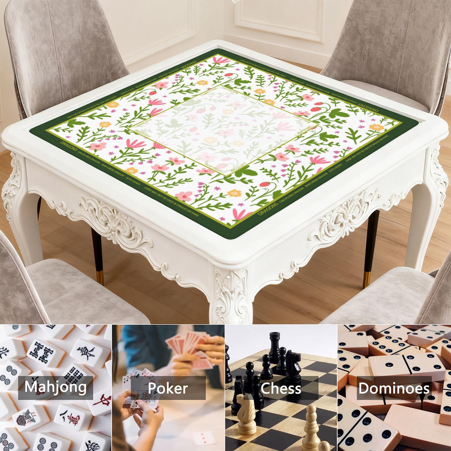 Flower Mahjong Mat with Rules, 31.5*31.5in Anti Slip American Mahjong Mat for Table, Noise Reduction, Neoprene Mah jongg Mats with Carrying Bag & 3 Dices, Mahjong Set Gift, Board Tile Games Mats