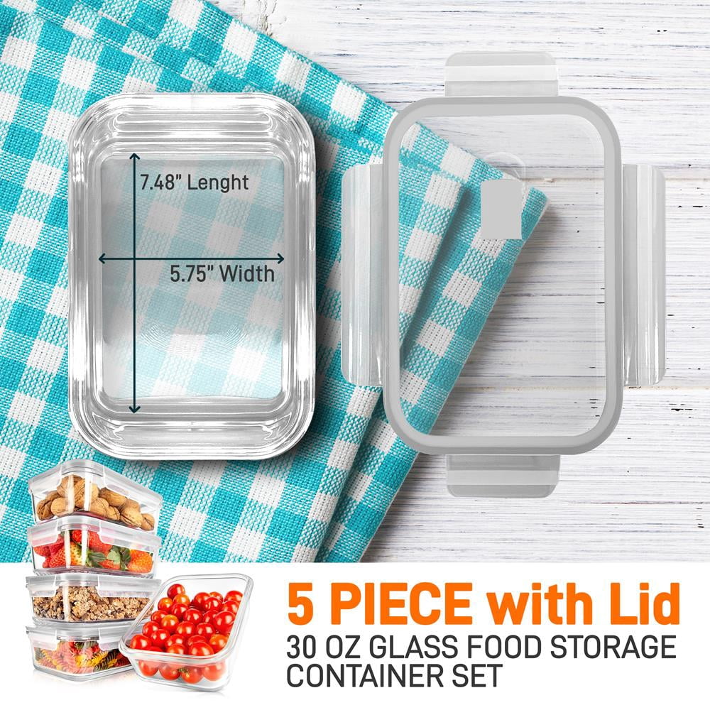 NutriChef 10-Piece Glass Food Containers - Stackable Superior Glass Meal-prep Storage, (Gray)