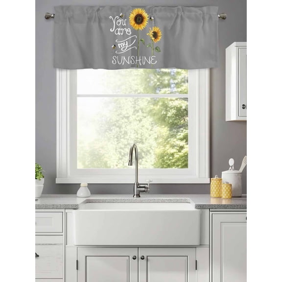 Farm Sunflowers with Honeybee Sunshine Quotes Valances for Windows,Kitchen Valance Rod Pocket Short Curtain,Grey Valance Curtain Window Valances for Bedroom Living Room 42x12in