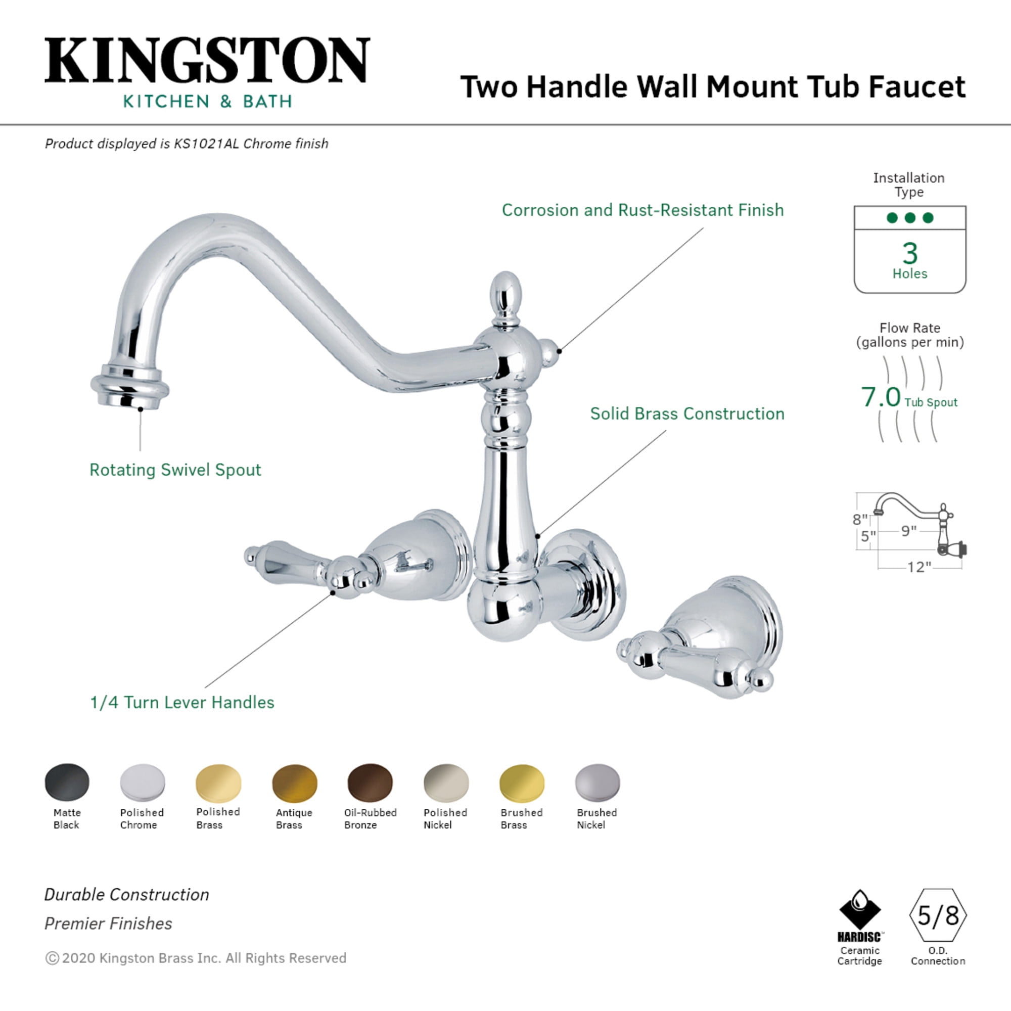 Kingston Brass KS1022AL Heritage Two-Handle Wall Mount Roman Tub Faucet, Polished Brass