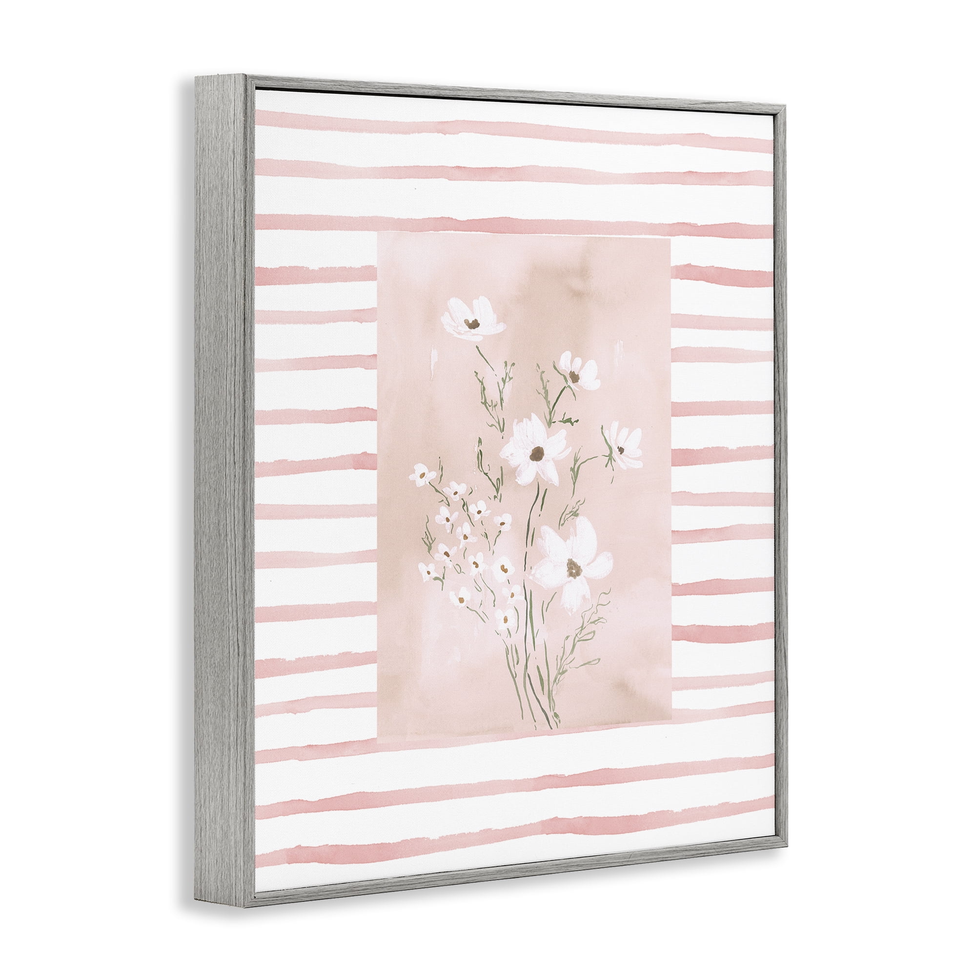 Stupell Industries White Cosmos on Pink Stripes Gray Framed Giclee Art, design by Lucille Price