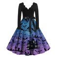 thumbnail image 2 of Halloween Dresses for Women Spider Bat Long Sleeve Hepburn 1950s Fall Tea Length Dress V Neck Cocktail Vintage Retro Dresses with Belt 4XL, 2 of 5