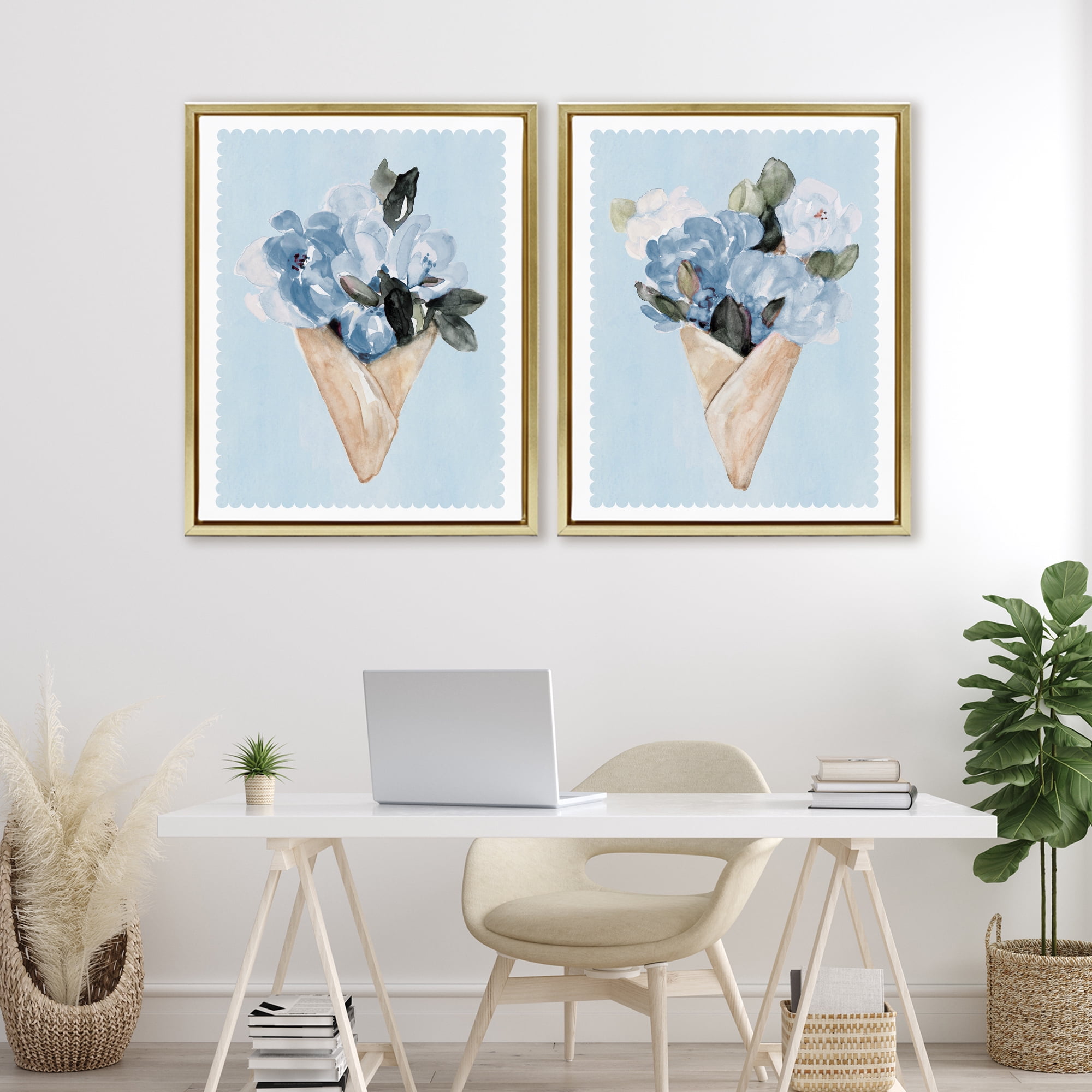 Stupell Industries Blue Flower Gift Bouquets 2 Piece Gold Framed Floater Canvas Set, design by Lanie Loreth