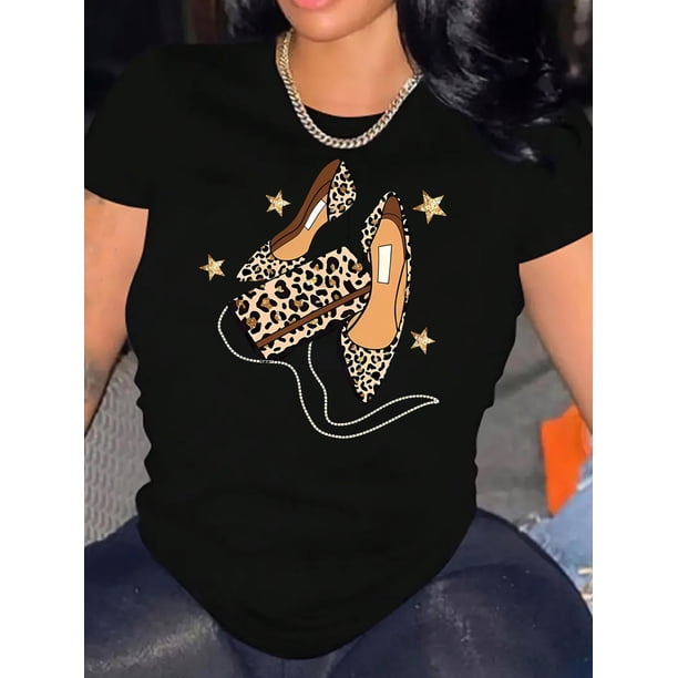 Camiseta De Mujer Verano Activewear Camiseta Básica Para Senderismo Deportes VacacionesWomen'S Fashion Leopard Print High Heel Graphic T-Shirt, Casual Crew Neck Short Sleeve Tee, Polyester Knit Fabr
