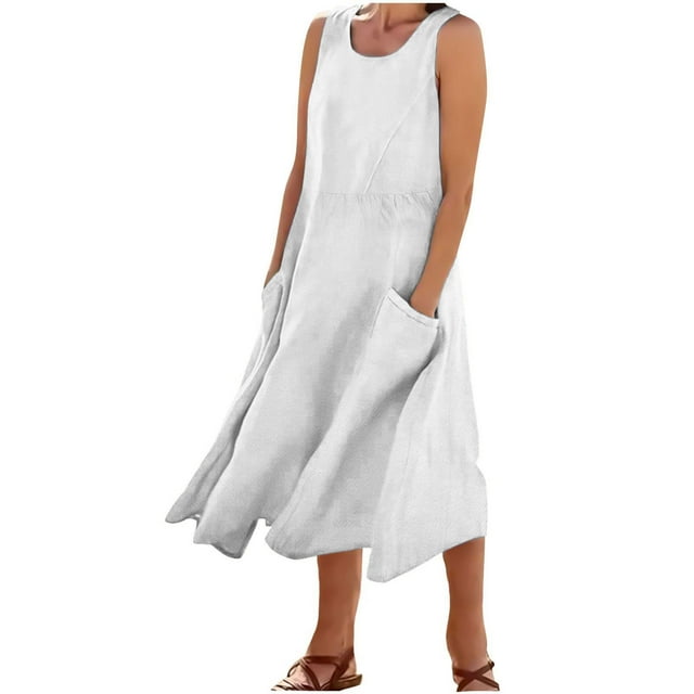 Pisexur Womens Dresses Robe en Coton et Lin Couleur Unie Sans Manches Col Rond Larges Bretelles Maxi Robes Été Décontracté Coupe Ample Confortable Robe Élégante Fluide Hawaïenne de Plage avec Poches