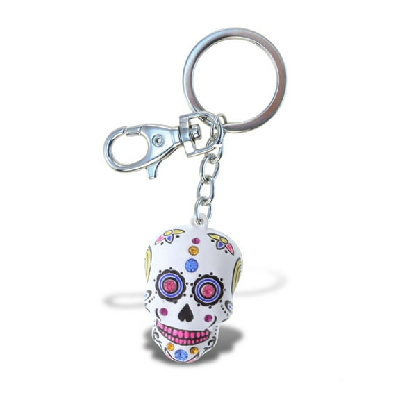Aqua79 Candy Skull Keychain - Silver 3D Sparkling Charm Rhinestones Fashionable Stylish Metal Alloy Durable Key Ring Bling Crystal Jewelry Accessory With Clasp Key Chain, Bag, Purse, Backpack, Handbag