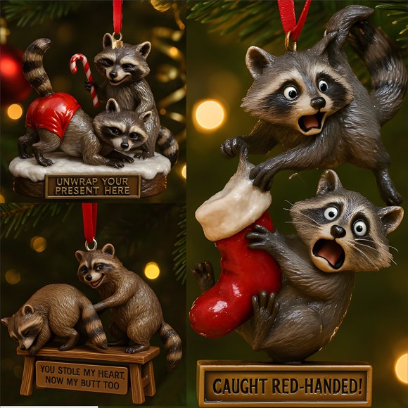 Ornamento Acrílico Raccoón Pendeente 2D, Acuario Christmas Ornament, Pared Christmas Décor, Colgante Navideño Acrílico, Para Salón, 8x6cm, Acrílico Transparente, Para Exterior, Colgante de Navidad,