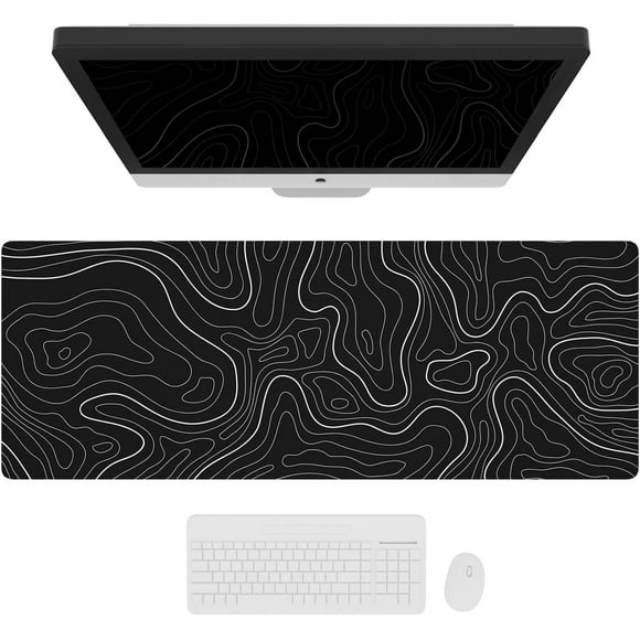 Large Gaming Mouse Pad with Stitched Edges, Minimalist Topographic Map Mouse Pad, Extended XL Mousepad with Anti-Slip Base, Cool Mouse Pad for Keyboard and Mouse, 35.4 x 15.7 in, Black