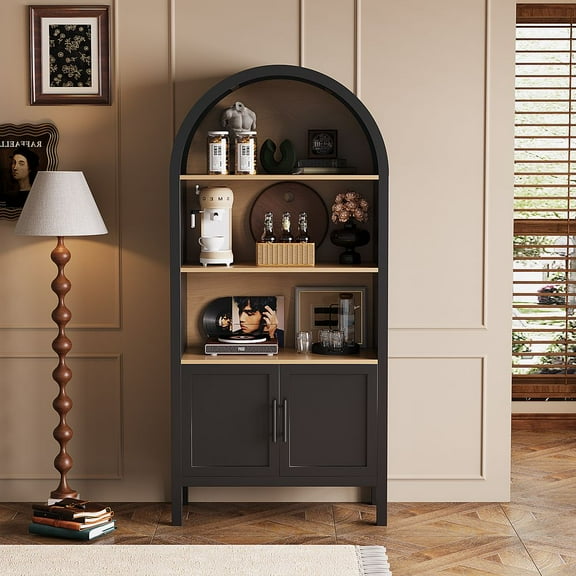 MINESTIA 66.7" Tall Arched Bookshelf, Modern Wood 4 Tiers Arch Cabinet Bookcase with 3 Open Shelves & Enclosed Storage, Black & Natural Wood