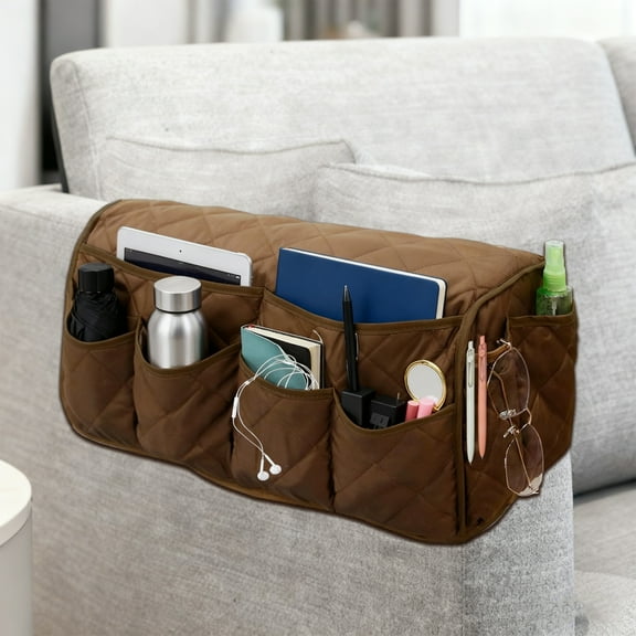 Fabulas Sofa Armchair Caddy, Non-Slip Waterproof Arm Chair Caddy Organizer for Recliner with 14 Pockets, Couch Armrest Remote Control Holder for TV Remote, Phone, Magazine, Book (Brown)
