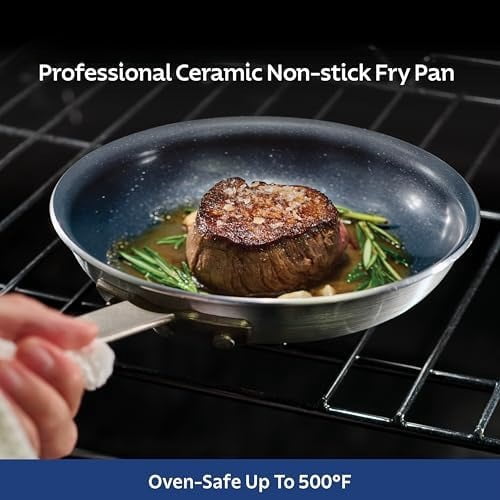 Professional 8-Inch Ceramic Non Stick Small Frying Pan, Heavy-Gauge Aluminum Skillet with Ceramic Nonstick Coating, Dishwasher and Oven Safe, Black