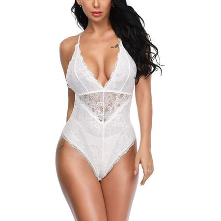 Women Deep V Sexy Lace Bodysuit Sna-p Crotch Lingerie Teddy Underwear