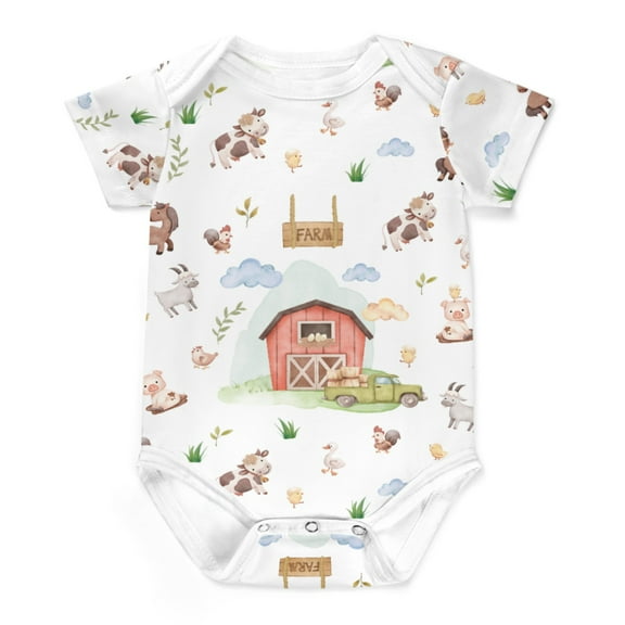 Watercolor Farm Animals Life Baby Bodysuits for Boy Girl Cow Goat Horse Hens Rooster Duck Pig Short Sleeve Onesies Bodysuits