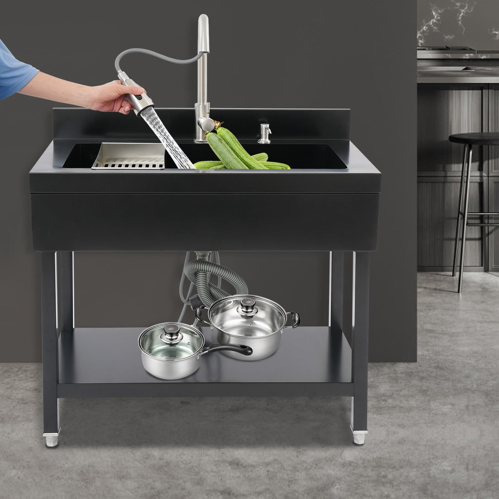 Black Kitchen Sink, Freestanding Utility Sink with Pull-Out Faucet, Stainless Steel Laundry Tub, 2 Water Modes, Large Capacity for Pet Washing