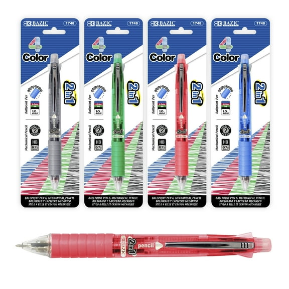 BAZIC 2-In-1 Mechanical Pencil 4-Color Ballpoint Pen w/ Soft Grip, 4-Pack