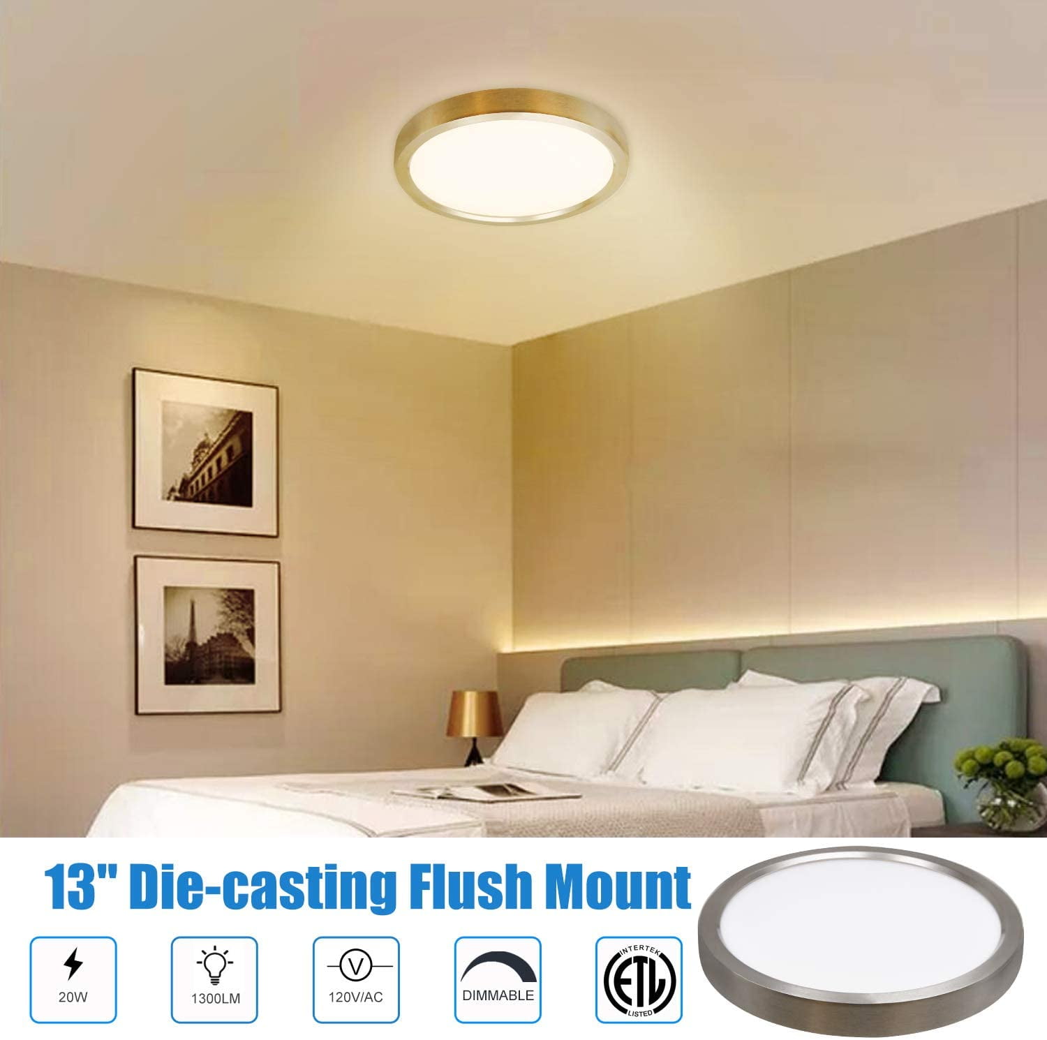 MingBright LED Flush Mount Ceiling Light Fixture, Dia: 13'', 3000K Warm White Brushed Nickel Aluminum Ceiling Light Fixture, Dimmable Ceiling Light for Kitchen, Bathroom, Bedroom