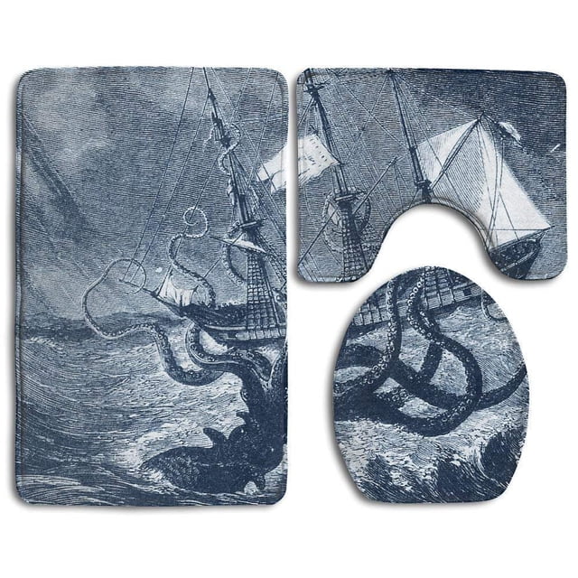 ABPHQTO Calamar gigante Juego de alfombras de baño de 3 piezas Alfombra de baño Alfombra de contorno y tapa de inodoro