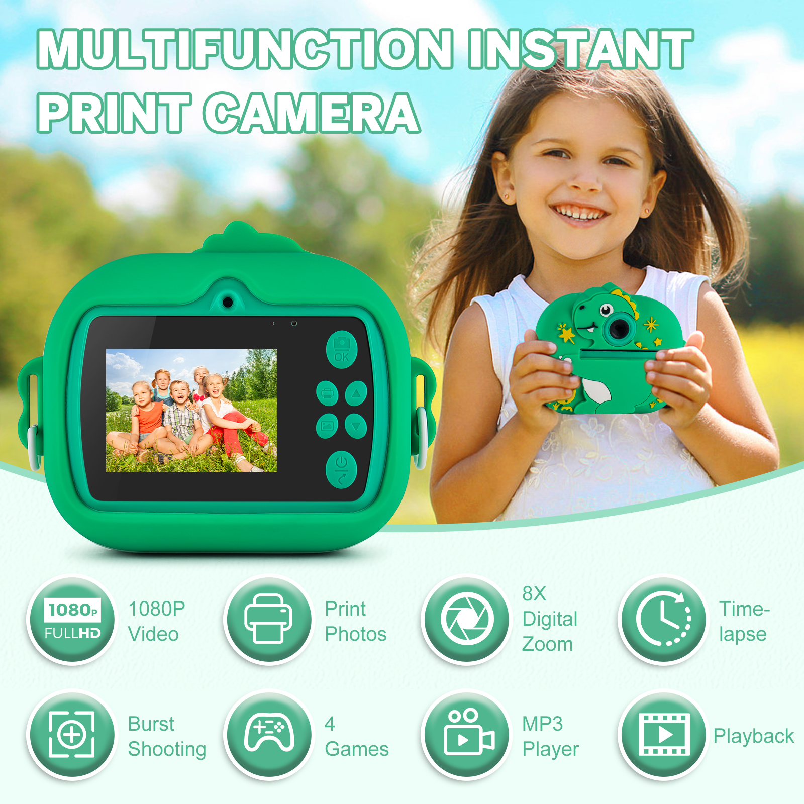 Inadays Kids Instant Print Digital Camera 1080P Green photo 3