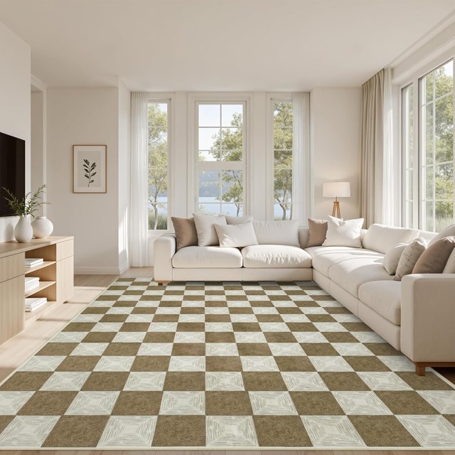 Washable Checke Rug x Low Pile Area Rug for Living Room Bedroom Nursery Modern Neutral Farmhouse Checkerboard Carpet Pet Kid Friendly