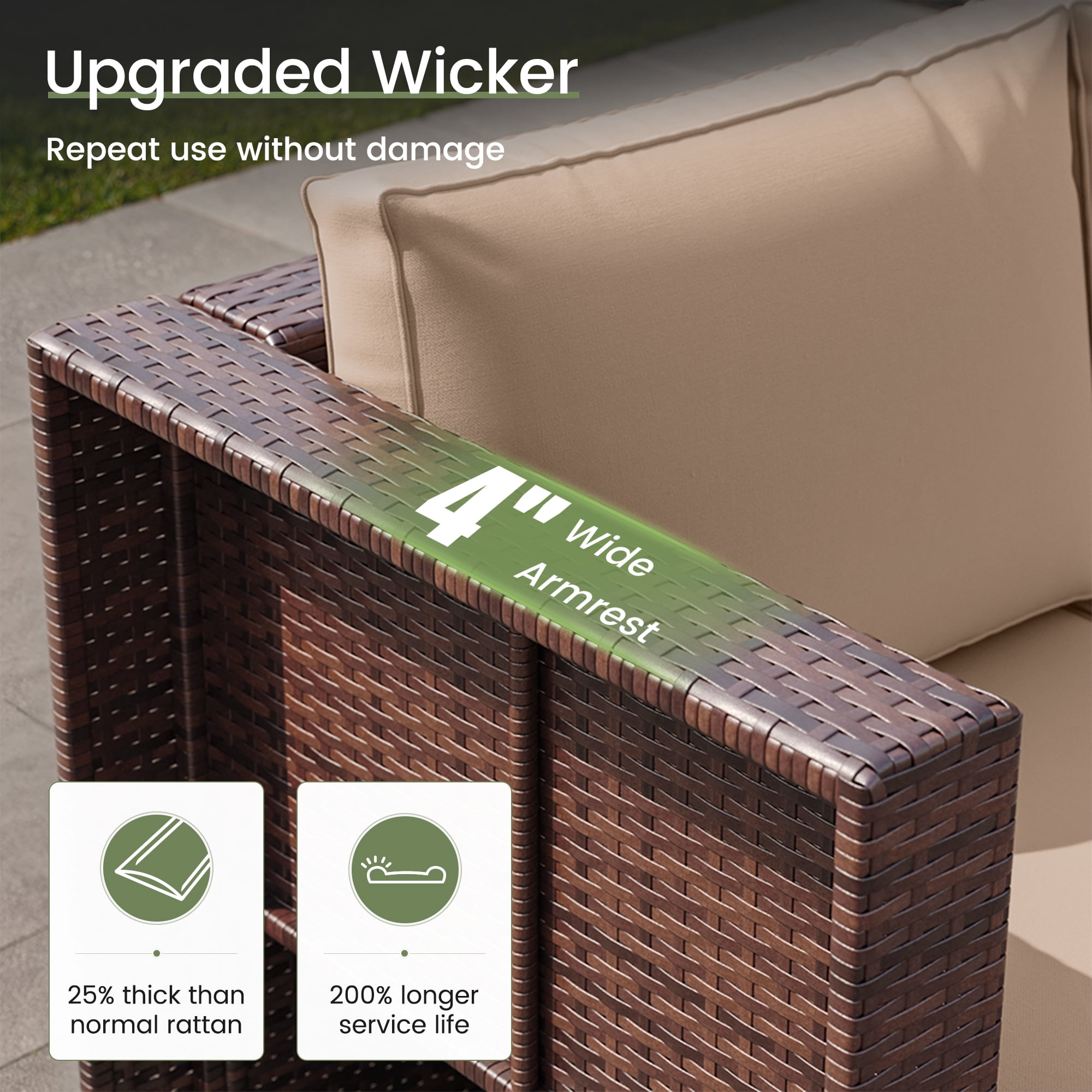 POTEBAN 6-Piece Space-Saving Patio Furniture Set, All Weather Brown Wicker Rattan Sectional Sofa with 2 Ottomans, Outdoor Conversation Set for Garden, Backyard, Khaki Cushions