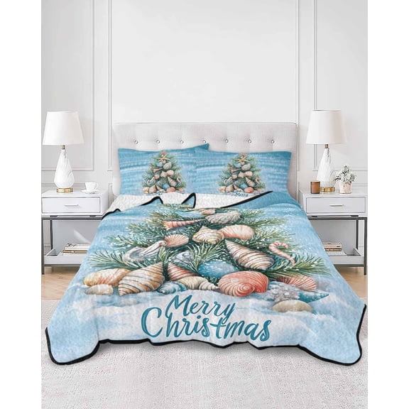 Quilts Queen Size, Blue Coastal Christmas Soft Comforter Bedding Set for Bed, Nautical Summer Beach Shell Conch Lightweight Quilted Bedspread with Pillow Cover(2 Pieces) for All Season, 90x96 Inch