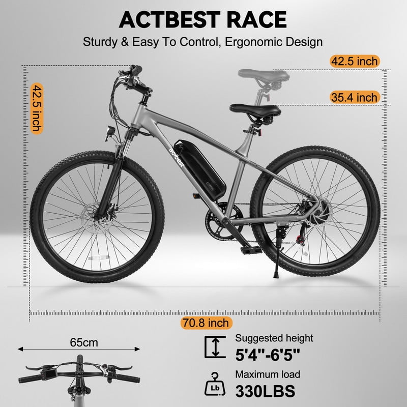Actbest 27.5" Electric Bike for Adults, 1200W Peak Brushless Motor Up to 28MPH, 499.2WH Removable Battery Electric Mountain Bike, 21-Speed E-Bike with Fork Suspension (Grey) with Fender & Rear Rack