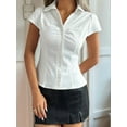 thumbnail image 3 of Women'S Ruched Button Up Blouses Collar V Neck Short Sleeve Work Shirts White L, 3 of 6