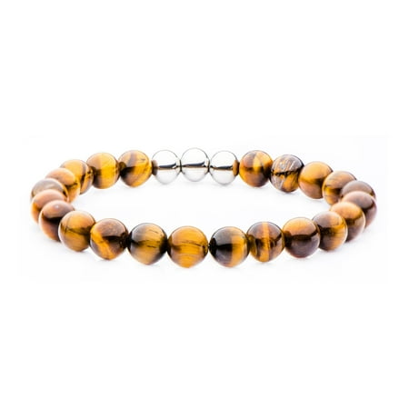 Mens Stainless Steel Tigers - Mens 8mm Tiger Eye Bead and Stainless Steel Bracelet 8 1/2 inch long