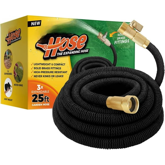 Lightweight Expandable Garden Hose, No-Kink Flexibility, 3/4 Inch Solid Brass Fittings and Double Latex Core (25ft, Black)