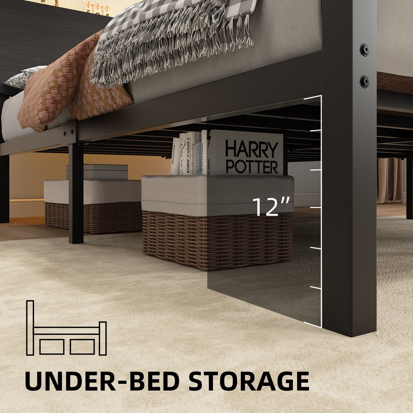 4 EVER WINNER Queen Bed Frame with Storage Headboard and LED Light, Metal Platform Bed Frame with Wooden Headboard, No Box Spring, Black