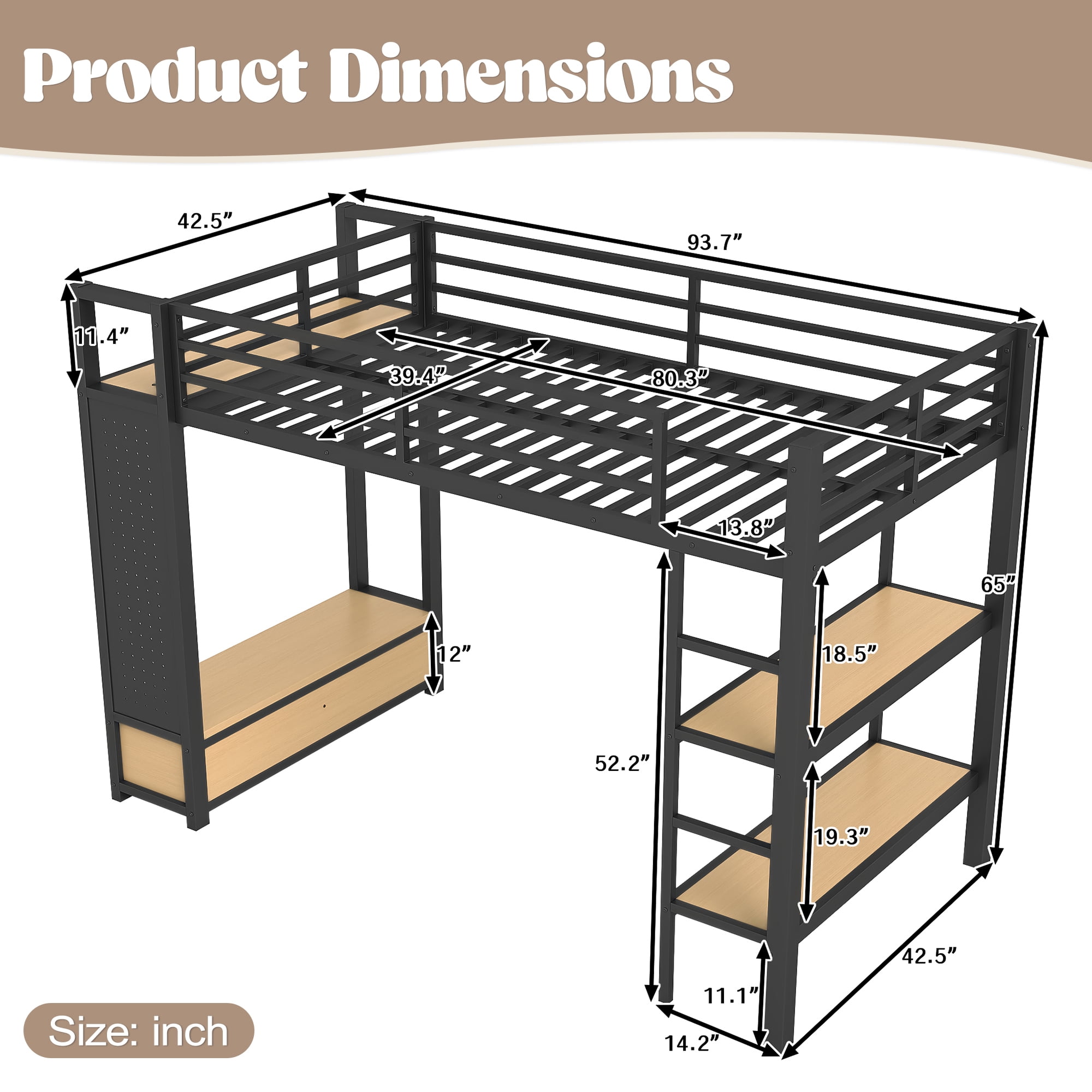 Leumius Twin XL Size Loft Bed with Built-in Wardrobe,Heavy Duty Metal Loft Bed with Storage Shelves and Pegboard,Space-Saving,Black