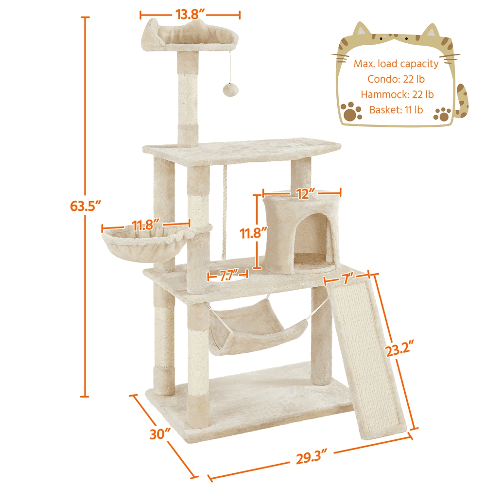 Alden Design 63″H Multi Level Cat Tree Condo with Basket & Hammock & Scratching Post, Beige