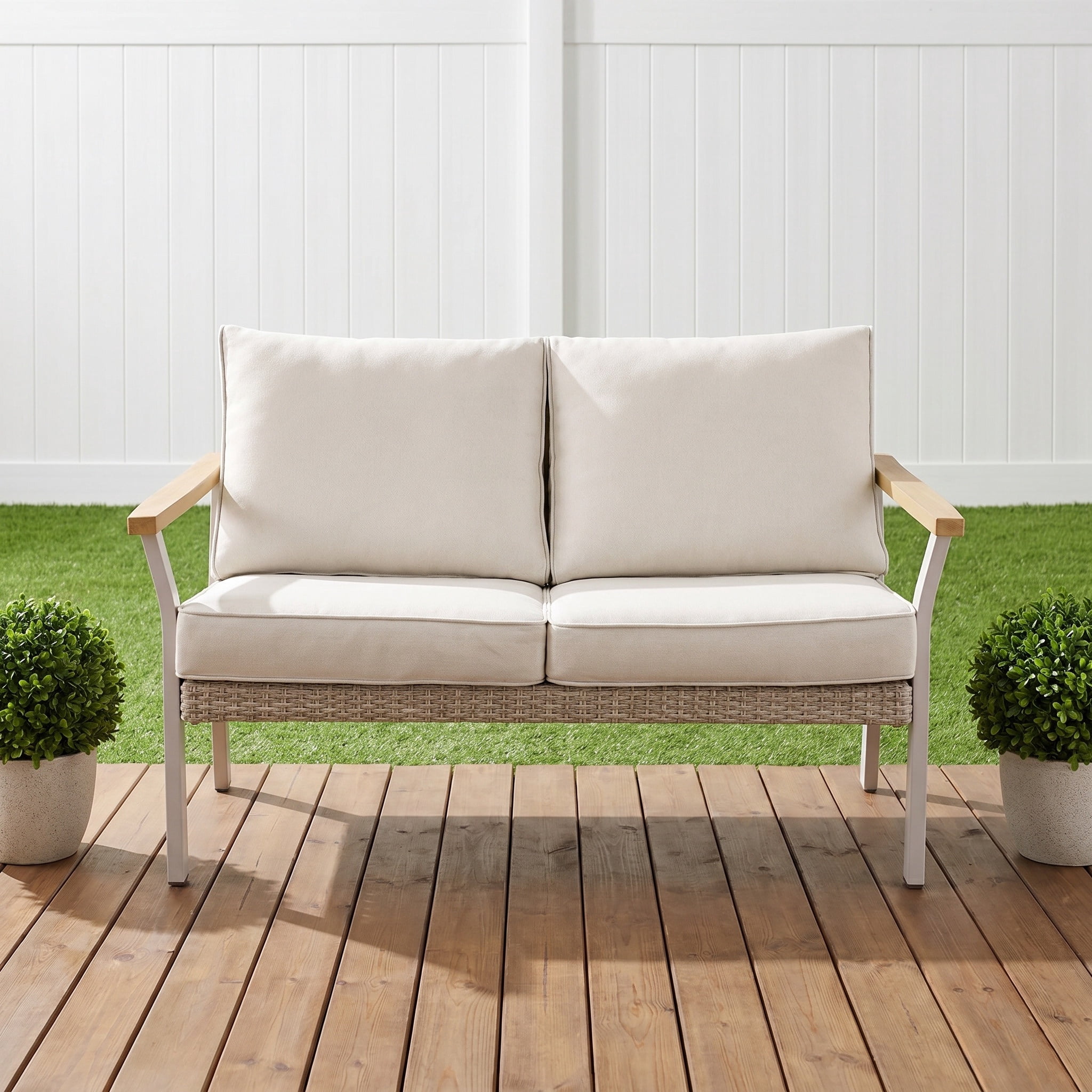Nordic Hygge 2-Seat Modern Minimalist Patio Sofa with Weather-Resistant Cushions – Powder-Coated Rust-Proof Frame – Bone