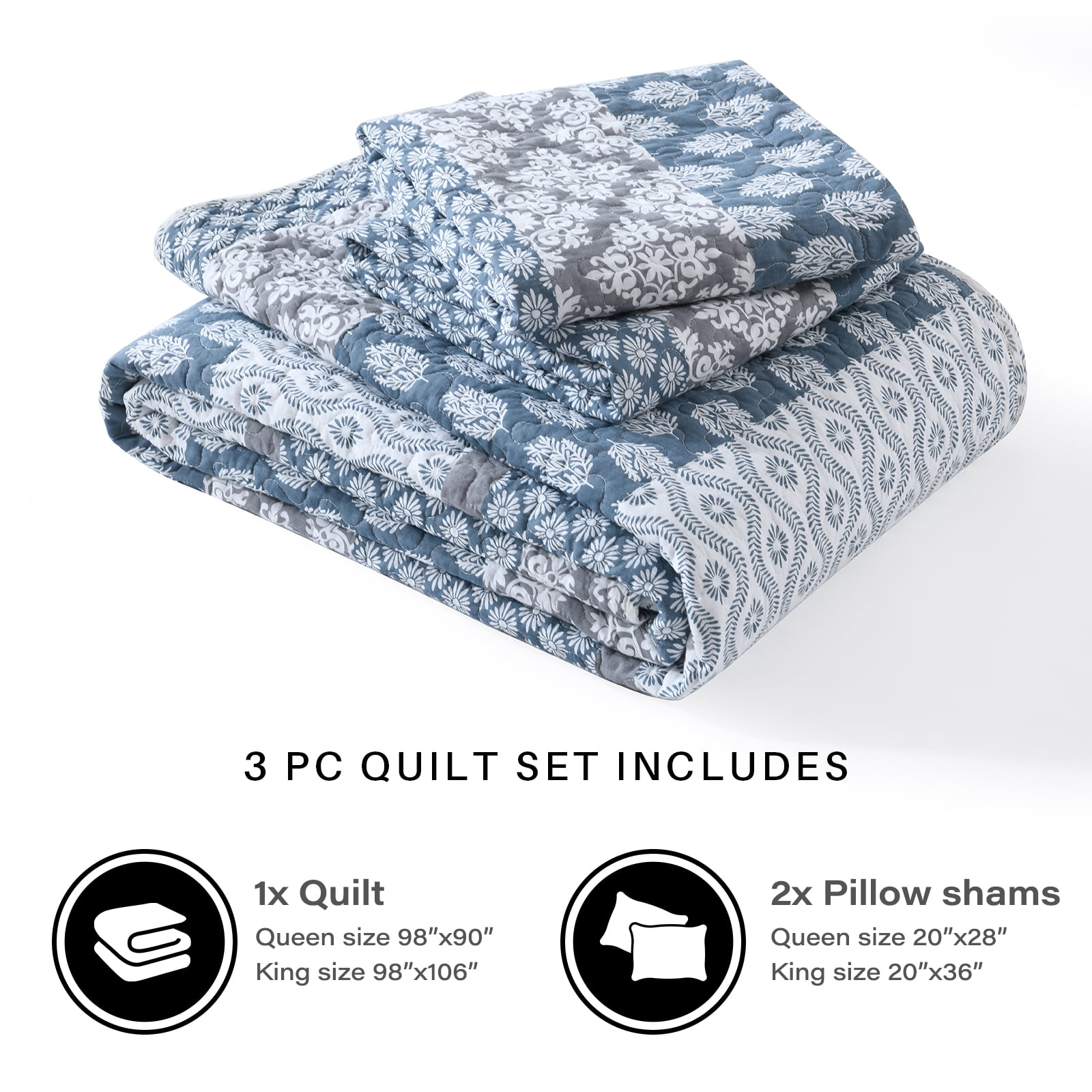 CozyDH 100% Cotton Printed Striped Floral King Quilt Set 3-Pieces, Farmhouse Reversible Lightweight Bedspread with 2 Shams, Blue