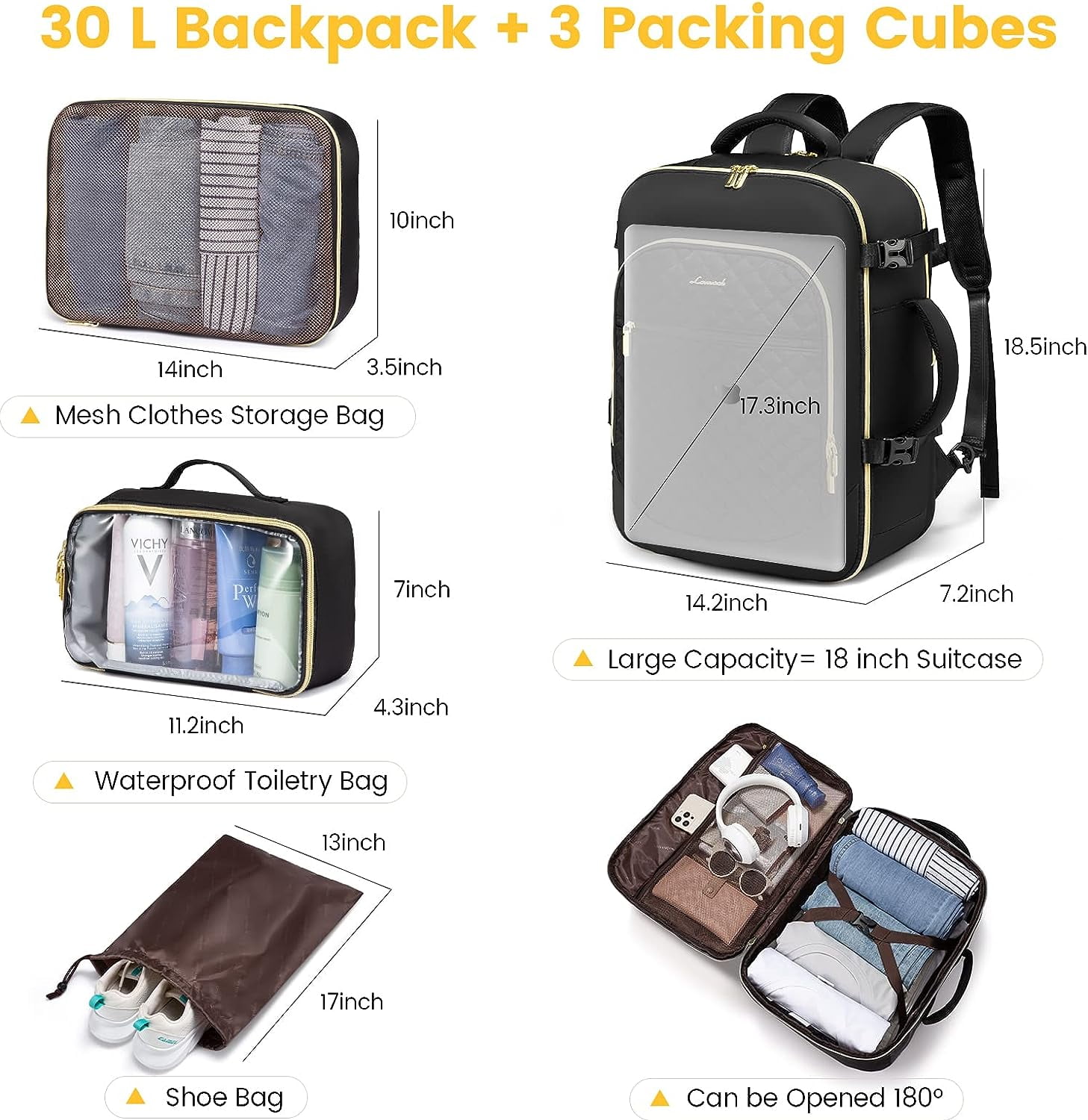 Lovevook Travel Laptop Backpack, Waterproof Carry-on Luggage Backpack Flight Approved Fit 17.3" Laptop,40L Suitcase Daypack Business College Weekend Overnight Bag with 3 Packing Cubes