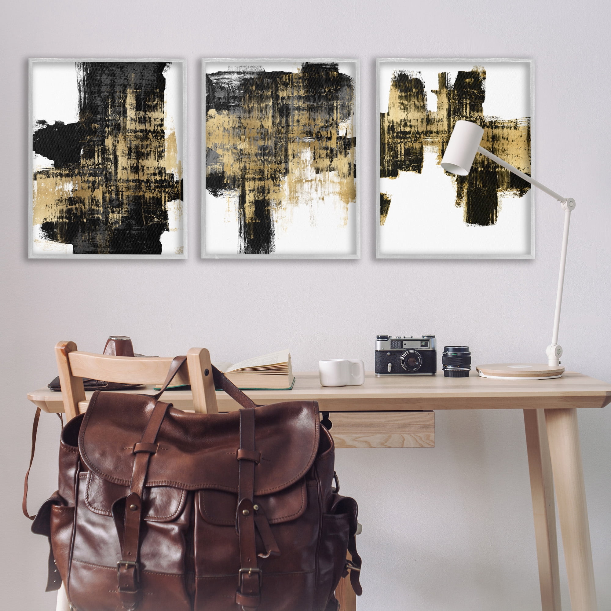 Stupell Industries Bold Black Brushstrokes with Gold Abstract Painting Gray Framed Art Print Wall Art, 24 x 30, Set of 3
