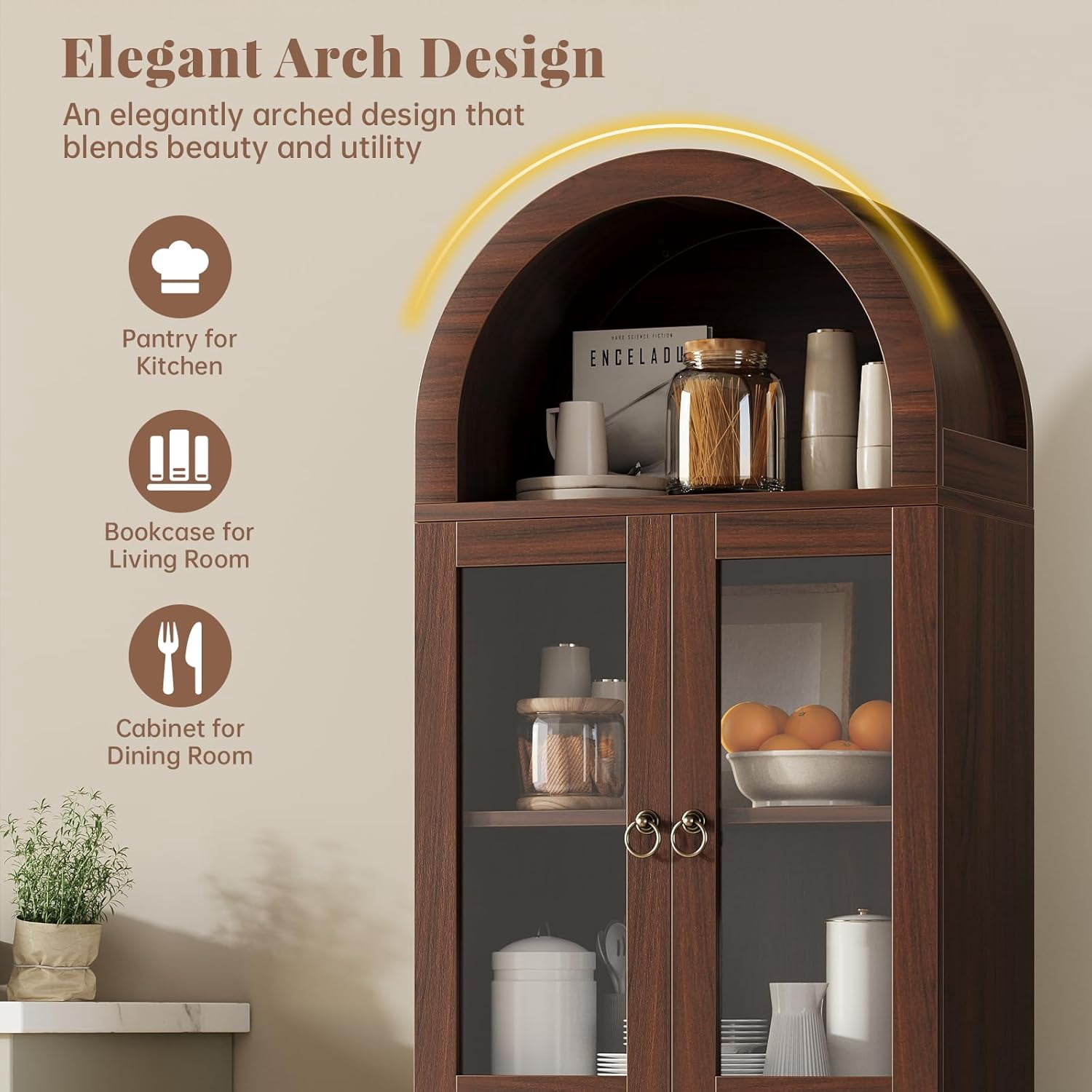 71" Tall Arched Cabinet with Acrylic Glass Door, Modern Curio Arched Bookcase, Display Cabinet Organizer, Kitchen Pantry with Top-Opening Storage Container for Living Dining Room, Brown