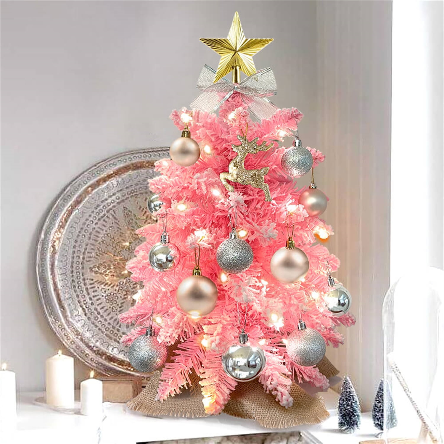 Lowestbest Exquisite Christmas Tree with LED Lights & Decoration, 2ft TableTop Mini Small Xmas Trees, Flocked Artificial Arbol de Navidad - Pink Lowestbest Exquisite Christmas Tree with LED Lights & Decoration, 2ft TableTop Mini Small Xmas Trees, Flocked Artificial Arbol de Navidad - Pink