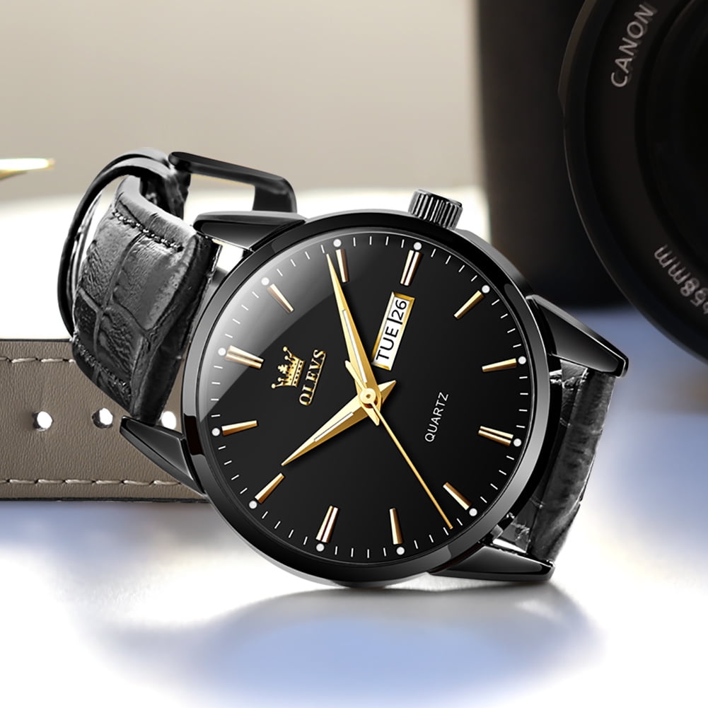 OLEVS Mens Watches,Black Leather Watch for Men,Black Analog Quartz Fashion Business Dress Watch Luminous Waterproof Casual Male Wrist Watches Reloj para Hombre