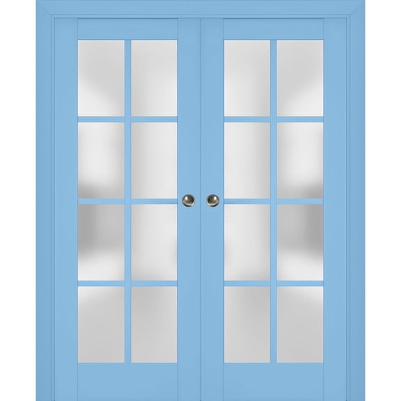 Sliding French Double Pocket Doors with Frosted Glass | Veregio 7412 Aquamarine | Kit Trims Rail Hardware | Solid Wood Interior Bedroom Sturdy Doors-36" x 84" (2* 18x84)