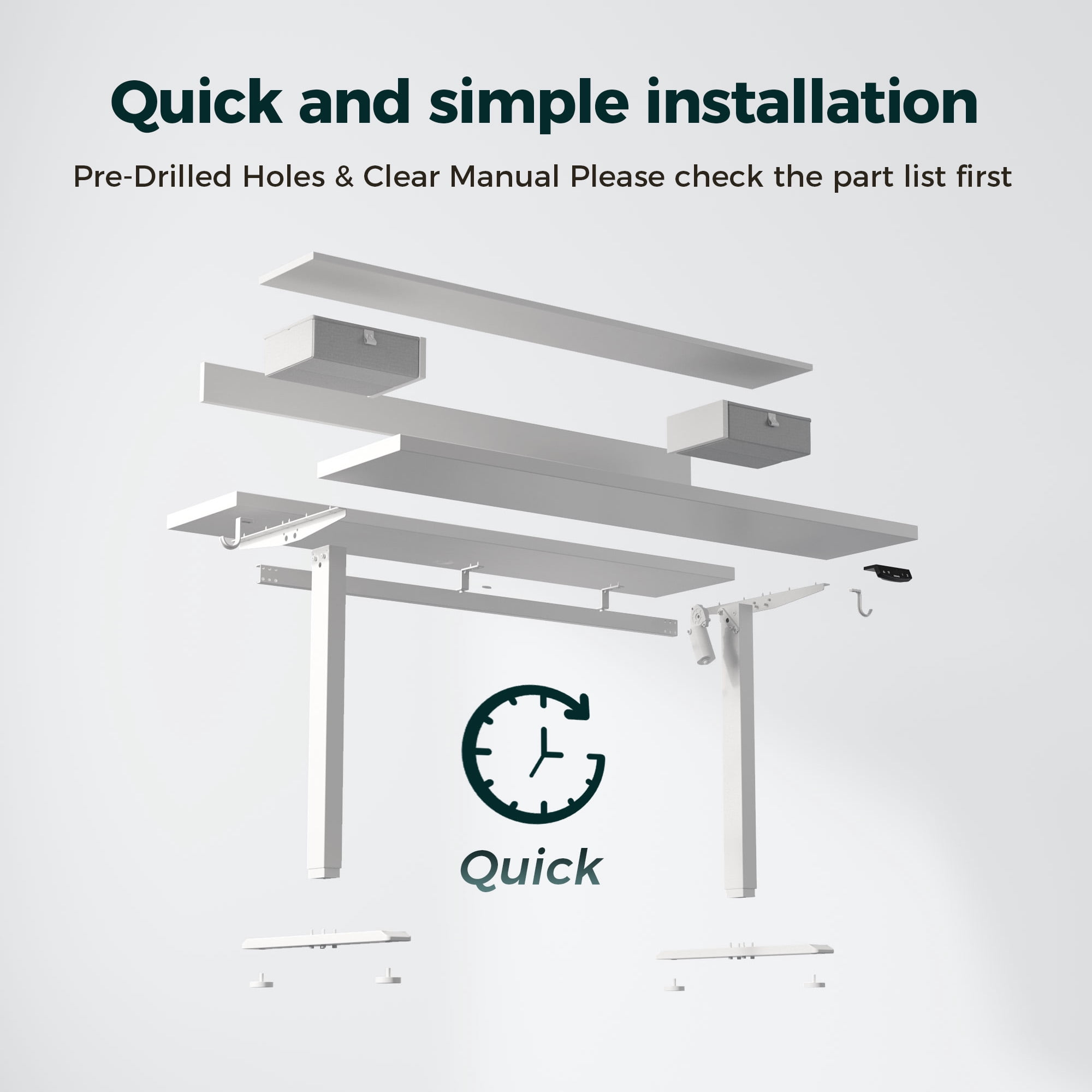 47.2 Inch Electric Standing Desk with 2 Drawers, Height Adjustable Desk with 2 Memory Keys, Ergonomic Sit-Stand Computer Desk with Hooks for Home Office, White