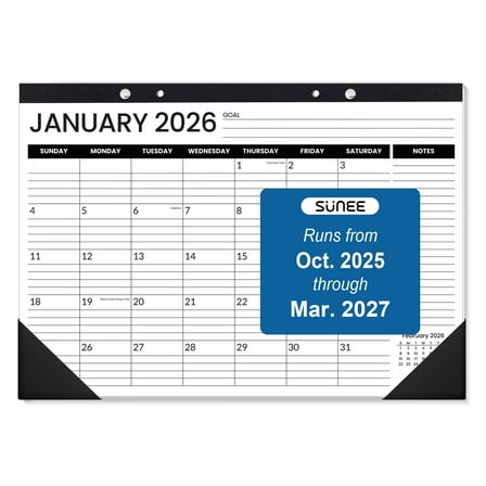 SUNEE 2026 Desk Calendar 17"x12" – 18 Months Monthly Calendar from October 2025 to March 2027, Desk Pad with Notes Section for Home, Office, Wall or Desktop Use, Black