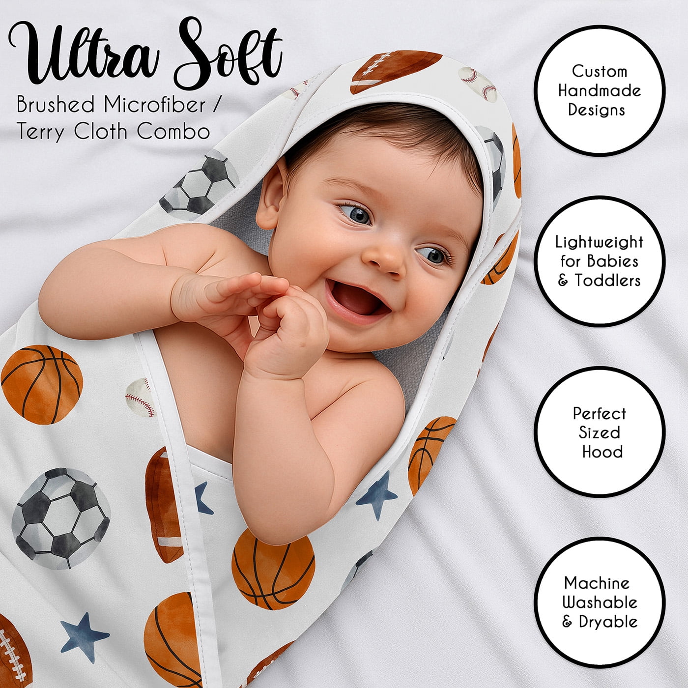 Sweet Jojo Designs Watercolor Sports Theme Boy Hooded Baby Towels - Toddler Bath Towel
