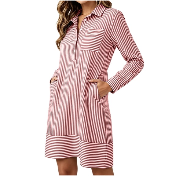 Mlkoz Fall Dresses for Women Casual Striped Collared Shirt Dress Long Sleeve With Pockets Fitted Waist Daily Wear
