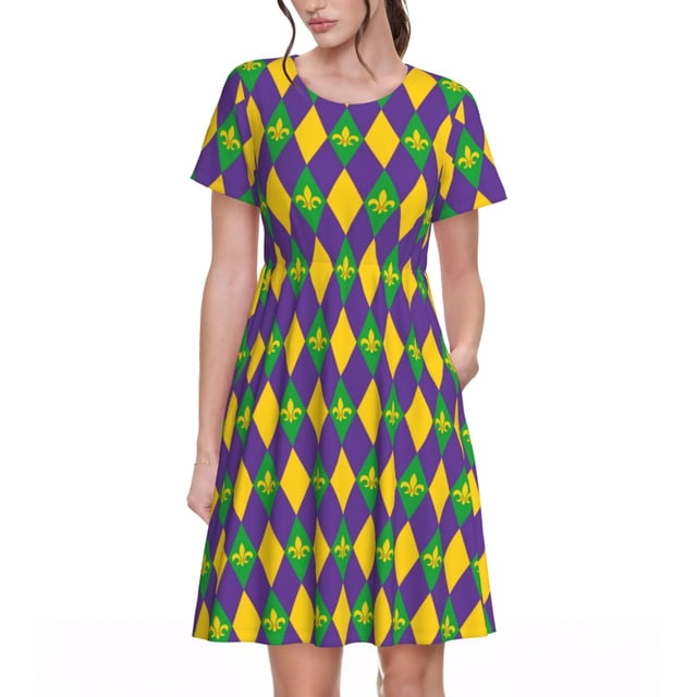 Bixox Robe d'Été à Manches Courtes pour Femmes Robe Ample Longueur Genou avec Poches-Mardi Gras
