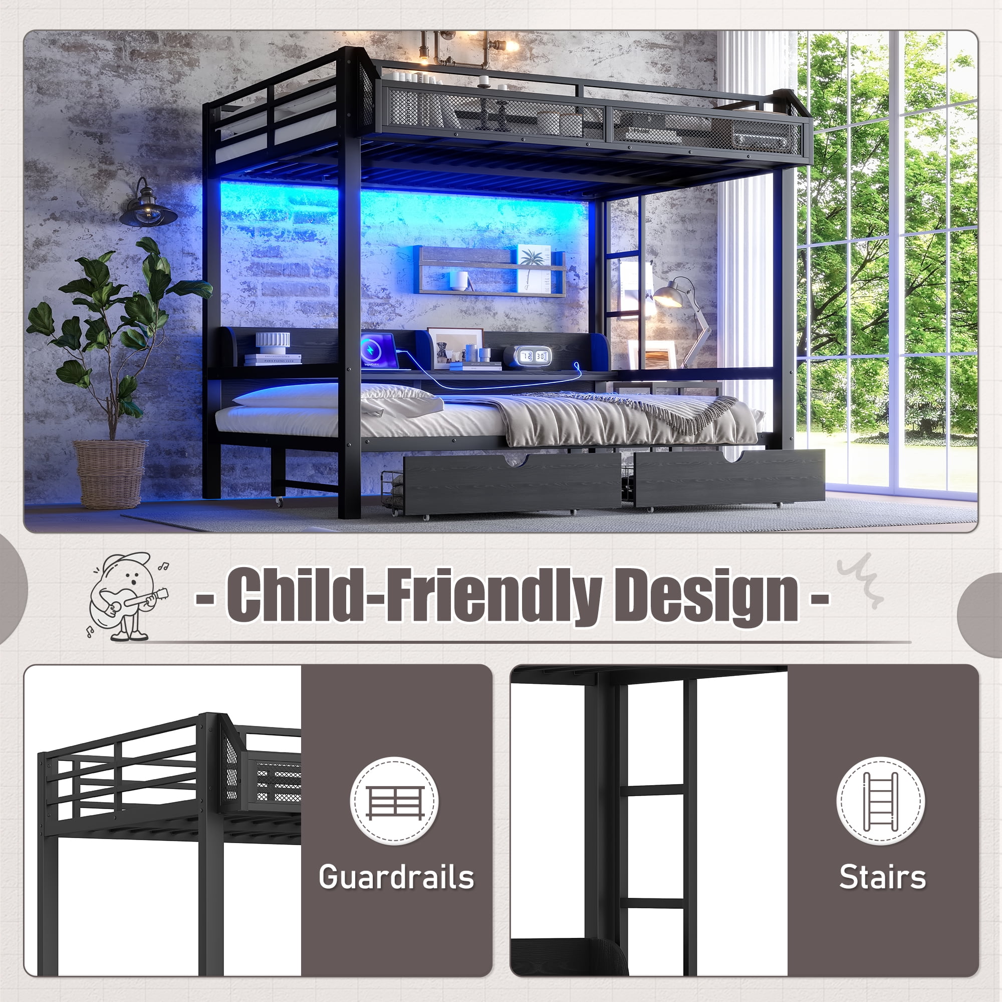 Mintazer Queen Over Queen Metal Bunk Bed with &nbsp;LED Light Strip & USB Ports, Multifunctional Metal Bunk Beds with 3 Shelves & 2 Drawers and Convertible Lower Bed for Bedroom Dorm, Black