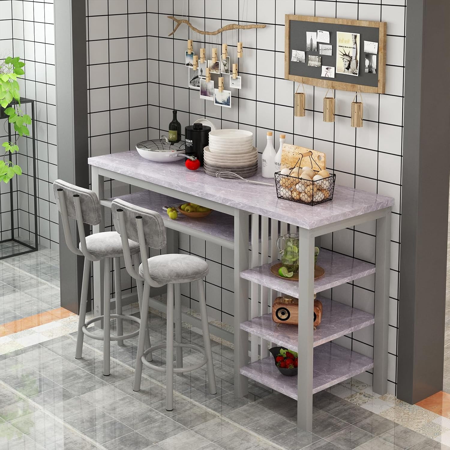 Cvortll Bar Table and Chairs Set, Kitchen Counter with 3 Tier Storage Shelves,3-Piece Faux Marble Table with 2 PU Cushion Bar Stools for Home & Kitchen,Grey